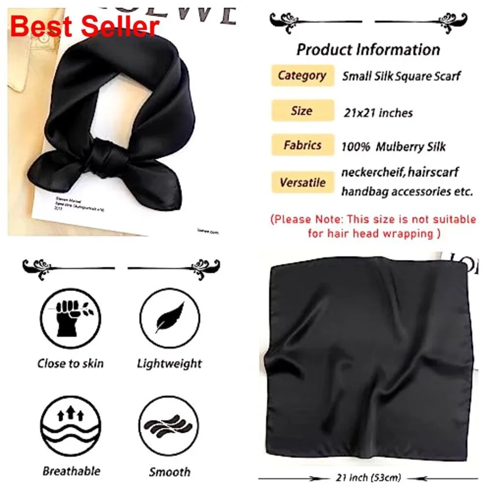 100% Mulberry Silk Scarf Square Neckerchief Hair Accessory